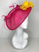 Load image into Gallery viewer, Pink and Yellow Fascinator attaches with headband, Derby Hat, Womens Church Hat, Hatinator, Fancy Hat, Tea Party Hat, wedding hat