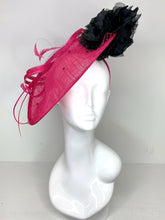 Load image into Gallery viewer, Pink and Black Fascinator attaches with headband, Derby Hat, Women&#39;s Church Hat, Hatinator, Fancy Hat, Tea Party Hat, wedding hat