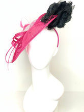 Load image into Gallery viewer, Pink and Black Fascinator attaches with headband, Derby Hat, Women&#39;s Church Hat, Hatinator, Fancy Hat, Tea Party Hat, wedding hat