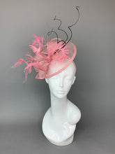 Load image into Gallery viewer, Pink and Black Fascinator, British Hat, Womens Tea Party Hat, Church Hat, Derby Hat, Fancy Hat, Pink Hat, Tea Party Hat, wedding hat