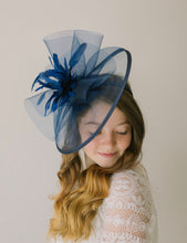 Load image into Gallery viewer, Girls Navy Mesh Fascinator on headband for ages 3 and older, Girls Tea Party Hat, Kentucky Derby Hat, Fancy Hat, Wedding hat, British Hat