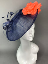 Load image into Gallery viewer, Navy Blue &amp; Coral Fascinator on headband - Derby Hat, Tea Party Hat, Church Hat, Fancy Hat, Royal Hat, Kate Mittleton style, wedding hat