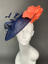 Load image into Gallery viewer, Navy Blue &amp; Coral Fascinator on headband - Derby Hat, Tea Party Hat, Church Hat, Fancy Hat, Royal Hat, Kate Mittleton style, wedding hat
