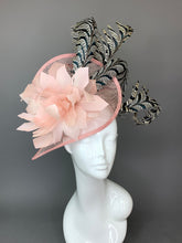 Load image into Gallery viewer, Blush Pink Fascinator on headband with lady Amherst Feathers, Women’s Tea Party Hat, Church Hat, Derby Hat, Fancy Hat, Pink Hat, wedding hat