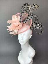 Load image into Gallery viewer, Blush Pink Fascinator on headband with lady Amherst Feathers, Women’s Tea Party Hat, Church Hat, Derby Hat, Fancy Hat, Pink Hat, wedding hat
