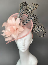 Load image into Gallery viewer, Blush Pink Fascinator on headband with lady Amherst Feathers, Women’s Tea Party Hat, Church Hat, Derby Hat, Fancy Hat, Pink Hat, wedding hat