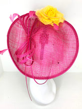 Load image into Gallery viewer, Pink and Yellow Fascinator attaches with headband, Derby Hat, Womens Church Hat, Hatinator, Fancy Hat, Tea Party Hat, wedding hat