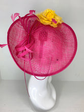 Load image into Gallery viewer, Pink and Yellow Fascinator attaches with headband, Derby Hat, Womens Church Hat, Hatinator, Fancy Hat, Tea Party Hat, wedding hat