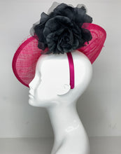 Load image into Gallery viewer, Pink and Black Fascinator attaches with headband, Derby Hat, Women&#39;s Church Hat, Hatinator, Fancy Hat, Tea Party Hat, wedding hat