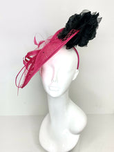 Load image into Gallery viewer, Pink and Black Fascinator attaches with headband, Derby Hat, Women&#39;s Church Hat, Hatinator, Fancy Hat, Tea Party Hat, wedding hat