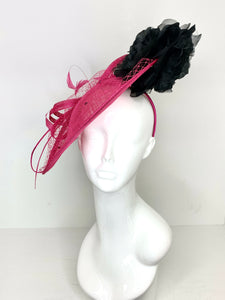 Pink and Black Fascinator attaches with headband, Derby Hat, Women&#39;s Church Hat, Hatinator, Fancy Hat, Tea Party Hat, wedding hat