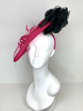 Load image into Gallery viewer, Pink and Black Fascinator attaches with headband, Derby Hat, Women&#39;s Church Hat, Hatinator, Fancy Hat, Tea Party Hat, wedding hat