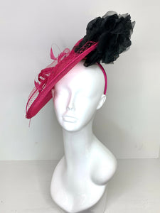 Pink and Black Fascinator attaches with headband, Derby Hat, Women&#39;s Church Hat, Hatinator, Fancy Hat, Tea Party Hat, wedding hat