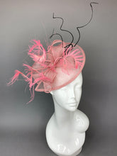 Load image into Gallery viewer, Pink and Black Fascinator, British Hat, Womens Tea Party Hat, Church Hat, Derby Hat, Fancy Hat, Pink Hat, Tea Party Hat, wedding hat