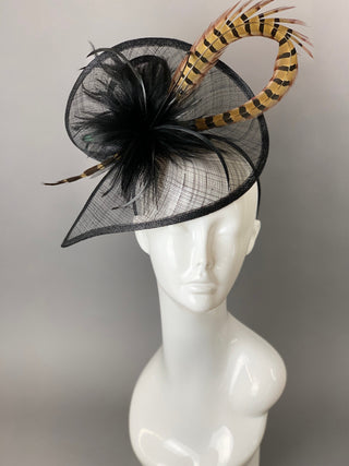 Black Fascinator with Pheasant Feather attaches with headband, Women&#39;s Tea Party Hat, Derby Hat, Wedding Hat, Kentucky Der