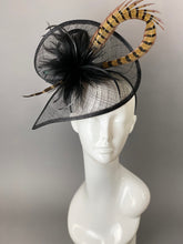Load image into Gallery viewer, Black Fascinator with Pheasant Feather attaches with headband, Women&#39;s Tea Party Hat, Derby Hat, Wedding Hat, Kentucky Der