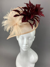 Load image into Gallery viewer, Nude And Burgundy Fascinator, Tea Party Hat, Church Hat, Derby Hat, Fancy Hat, Nude Hat, wedding hat,