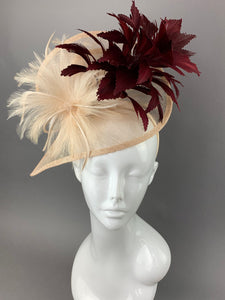 Nude And Burgundy Fascinator, Tea Party Hat, Church Hat, Derby Hat, Fancy Hat, Nude Hat, wedding hat,
