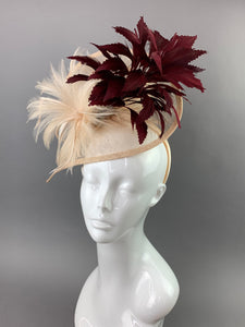 Nude And Burgundy Fascinator, Tea Party Hat, Church Hat, Derby Hat, Fancy Hat, Nude Hat, wedding hat,
