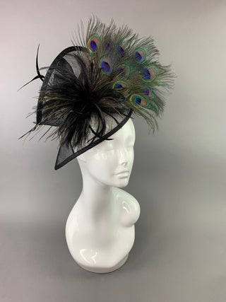Black Fascinator with Peacock Feathers attaches on headband, Women&#39;s Tea Party Hat, Derby Hat, Wedding Hat, Kentucky Derby