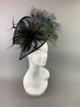 Load image into Gallery viewer, Black Fascinator with Peacock Feathers attaches on headband, Women&#39;s Tea Party Hat, Derby Hat, Wedding Hat, Kentucky Derby