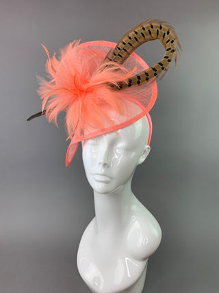 Coral Pink Fascinator with Pheasant Feather attaches with headband, Women&#39;s Tea Party Hat, Derby Hat, Wedding Hat, Kentucky Der