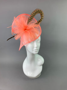 Coral Pink Fascinator with Pheasant Feather attaches with headband, Women&#39;s Tea Party Hat, Derby Hat, Wedding Hat, Kentucky Der