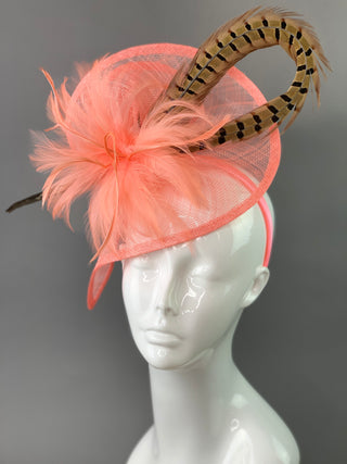 Coral Pink Fascinator with Pheasant Feather attaches with headband, Women&#39;s Tea Party Hat, Derby Hat, Wedding Hat, Kentucky Der