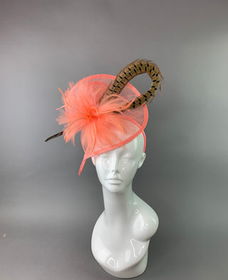 Coral Pink Fascinator with Pheasant Feather attaches with headband, Women&#39;s Tea Party Hat, Derby Hat, Wedding Hat, Kentucky Der