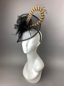 Black Fascinator with Pheasant Feather attaches with headband, Women&#39;s Tea Party Hat, Derby Hat, Wedding Hat, Kentucky Der