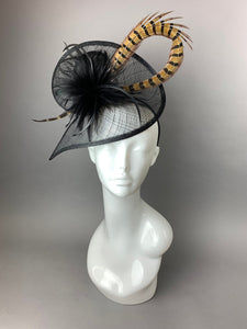 Black Fascinator with Pheasant Feather attaches with headband, Women&#39;s Tea Party Hat, Derby Hat, Wedding Hat, Kentucky Der