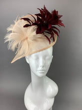 Load image into Gallery viewer, Nude And Burgundy Fascinator, Tea Party Hat, Church Hat, Derby Hat, Fancy Hat, Nude Hat, wedding hat,