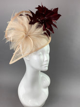 Load image into Gallery viewer, Nude And Burgundy Fascinator, Tea Party Hat, Church Hat, Derby Hat, Fancy Hat, Nude Hat, wedding hat,