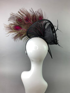 Black Fascinator with Peacock Feathers attaches on headband, Women&#39;s Tea Party Hat, Derby Hat, Wedding Hat, Kentucky Derby