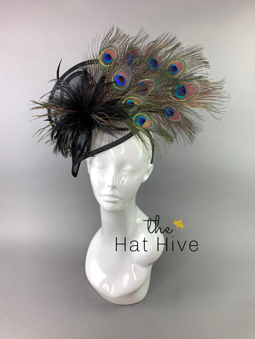 Black Fascinator with Peacock Feathers attaches on headband, Women's Tea Party Hat, Derby Hat, Wedding Hat, Kentucky Derby