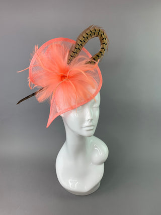 Coral Pink Fascinator with Pheasant Feather attaches with headband, Women&#39;s Tea Party Hat, Derby Hat, Wedding Hat, Kentucky Der