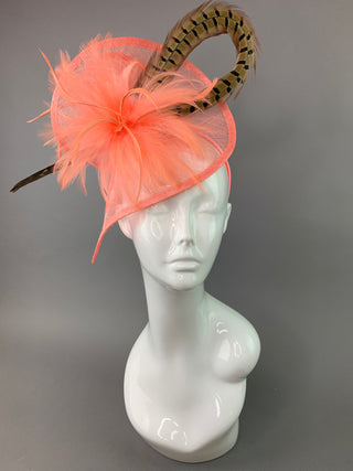 Coral Pink Fascinator with Pheasant Feather attaches with headband, Women&#39;s Tea Party Hat, Derby Hat, Wedding Hat, Kentucky Der