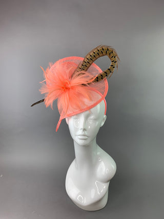 Coral Pink Fascinator with Pheasant Feather attaches with headband, Women&#39;s Tea Party Hat, Derby Hat, Wedding Hat, Kentucky Der