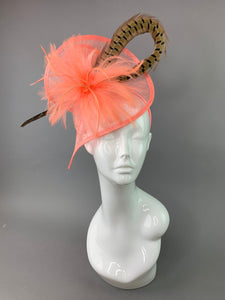 Coral Pink Fascinator with Pheasant Feather attaches with headband, Women&#39;s Tea Party Hat, Derby Hat, Wedding Hat, Kentucky Der