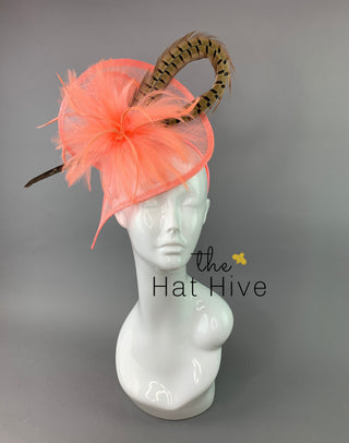 Coral Pink Fascinator with Pheasant Feather attaches with headband, Women&#39;s Tea Party Hat, Derby Hat, Wedding Hat, Kentucky Der