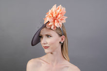 Load image into Gallery viewer, Gray and Coral Fascinator, hatinator, Kentucky Derby Hat, Church Hat, Fancy Hat, Royal Hat, Tea Party Hat, wedding hat