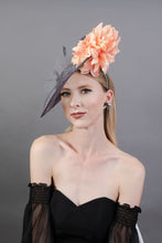 Load image into Gallery viewer, Gray and Coral Fascinator, hatinator, Kentucky Derby Hat, Church Hat, Fancy Hat, Royal Hat, Tea Party Hat, wedding hat
