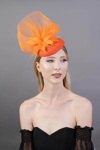 Orange Crinoline Mesh Fascinator with Clip & Headband Option, Black Derby Hat, Women&#39;s Tea Party Hat, Church Hat, Royal Hat, Horse Hair Hat