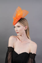 Load image into Gallery viewer, Orange Crinoline Mesh Fascinator with Clip &amp; Headband Option, Black Derby Hat, Women&#39;s Tea Party Hat, Church Hat, Royal Hat, Horse Hair Hat