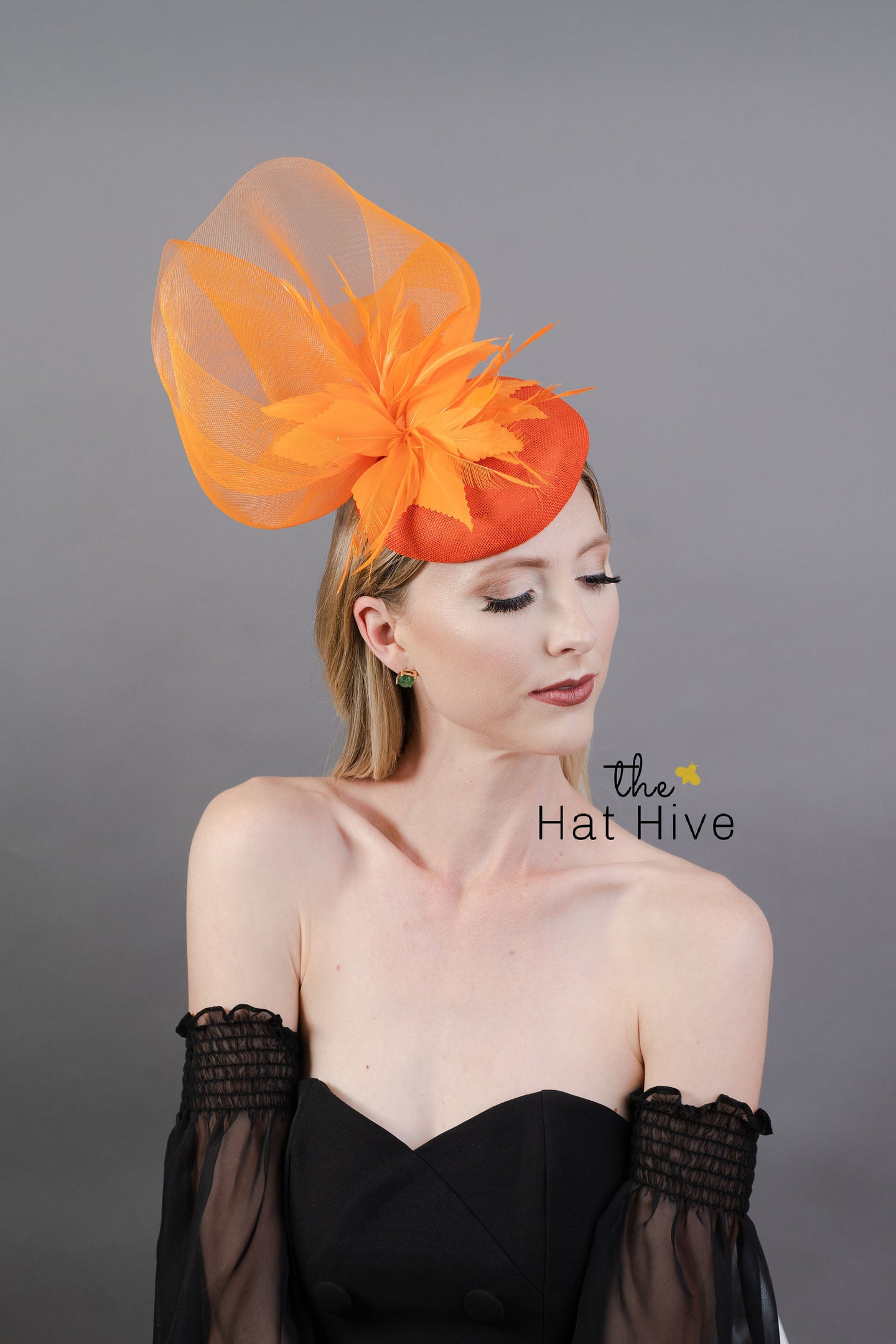 Orange Crinoline Mesh Fascinator with Clip & Headband Option, Black Derby Hat, Women's Tea Party Hat, Church Hat, Royal Hat, Horse Hair Hat