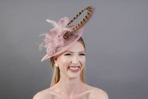 Blush Pink Fascinator with Pheasant Feather, Women&#39;s Tea Party Hat, Church Hat, Derby Hat, Fancy Hat, Pink Hat, Tea Party Hat, wedding hat