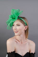 Load image into Gallery viewer, Green Mesh Crinoline Fascinator on headband, Mocha Brown Fascinator, Women&#39;s Tea Party Hat, Church Hat, Derby Hat, Fancy Hat, British Hat,