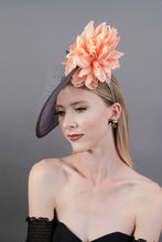 Load image into Gallery viewer, Gray and Coral Fascinator, hatinator, Kentucky Derby Hat, Church Hat, Fancy Hat, Royal Hat, Tea Party Hat, wedding hat