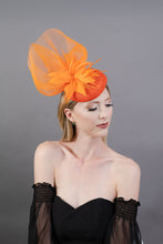Load image into Gallery viewer, Orange Crinoline Mesh Fascinator with Clip &amp; Headband Option, Black Derby Hat, Women&#39;s Tea Party Hat, Church Hat, Royal Hat, Horse Hair Hat