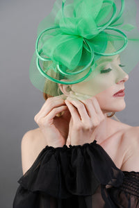 Green Mesh Crinoline Fascinator on headband, Mocha Brown Fascinator, Women&#39;s Tea Party Hat, Church Hat, Derby Hat, Fancy Hat, British Hat,